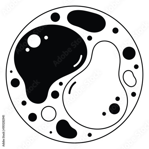 Black and white abstract circle design with various sized spots and shapes