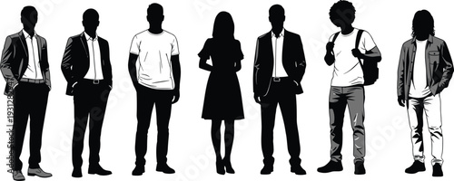 Diverse business people silhouettes men and women in suits blazers shirts casual jackets standing together professional team vector illustration isolated on white