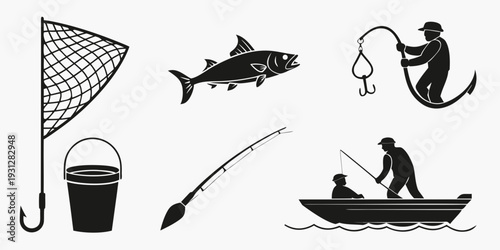 A collection of fishing-related icons including a net, fish, and a fisherman