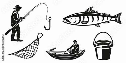 A variety of fishing methods and tools are depicted in this illustration.