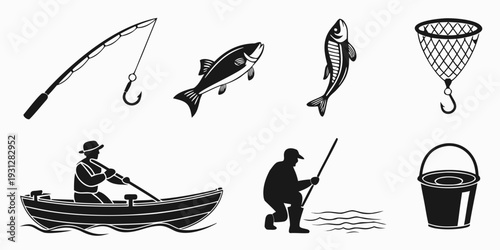A fisherman in a boat with a fishing rod and a bucket of fish.