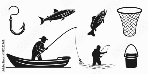 Illustration of two people fishing from a boat with various fishing equipment.