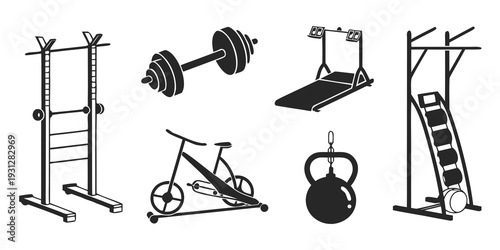 A variety of exercise equipment including weights, a treadmill, and a stationary bike.