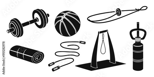 A variety of sports equipment including weights, a basketball, and a crown trophy.