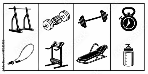 A variety of fitness equipment and accessories for a home workout routine