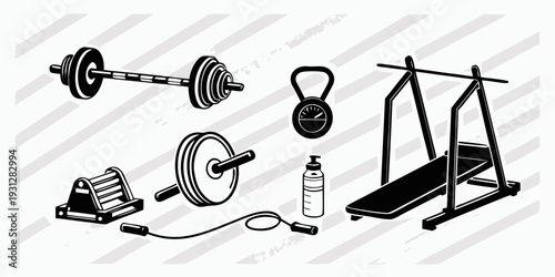 A variety of gym equipment including dumbbells, kettlebells, a jump rope, and a treadmill.
