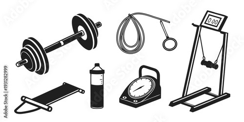 A variety of exercise equipment including weights, yoga mat, and fitness accessories