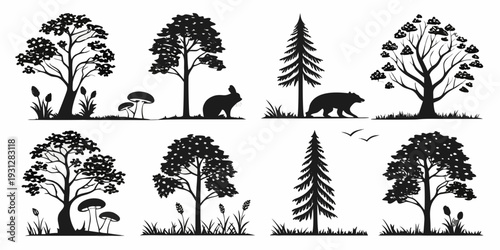 A diverse collection of trees and animals in a natural forest setting