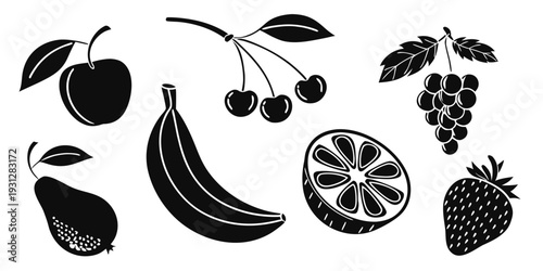 A delightful assortment of various fruits in a black and white illustration