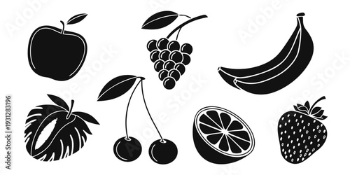 A delightful assortment of various fruits in a black and white illustration