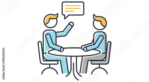 Two businessmen discussing and communicating at a table with a speech bubble