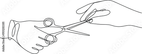 Minimalist hands holding scissors line drawing, continuous gesture art flat vector