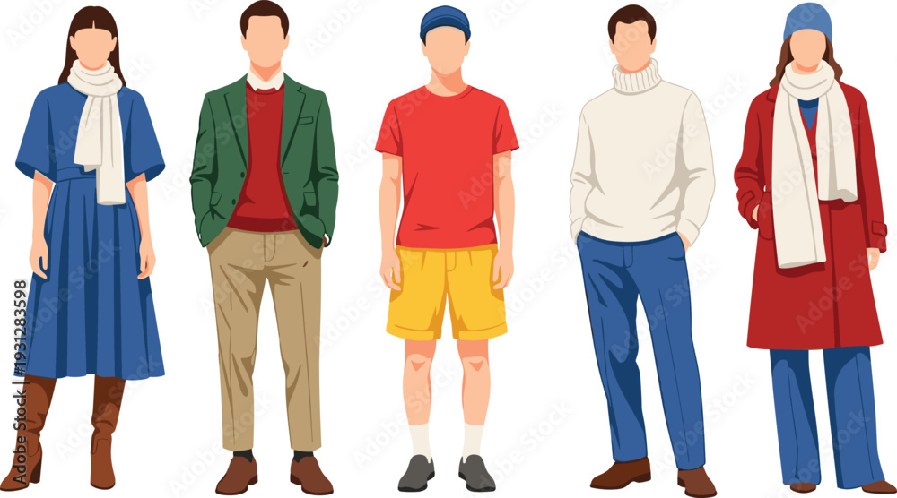 Obraz premium Diverse group in casual fall winter outfits with scarves blazers turtleneck shorts jeans colorful flat vector fashion illustration set