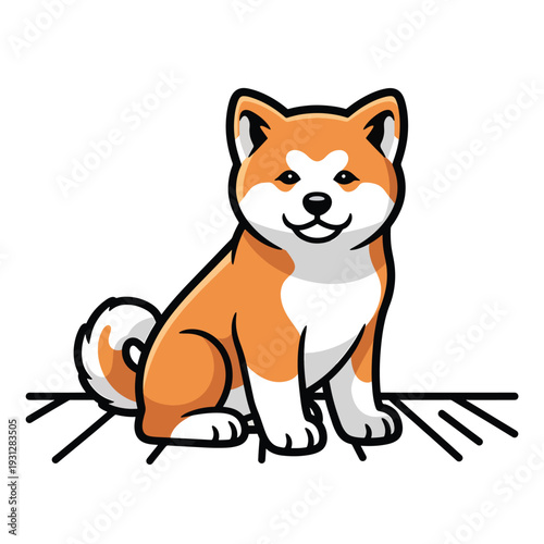 Illustration of a Shiba Inu dog sitting on a wooden floor viewed from the front