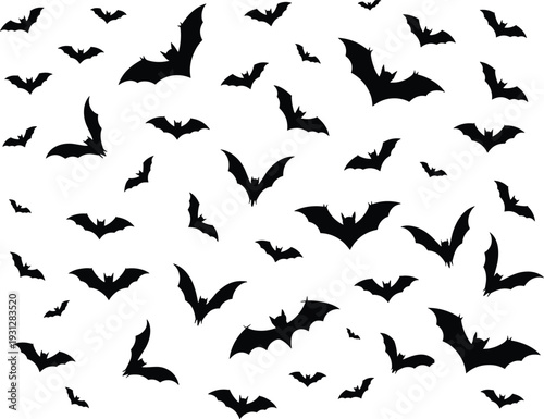 Abstract pattern of black bat silhouettes flying in group, spooky Halloween night wildlife animal vector illustration