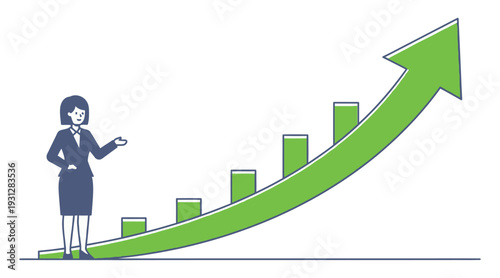 Businesswoman standing beside an upward trending green graph with an arrow