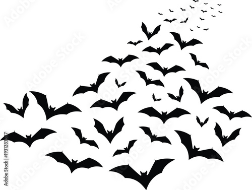 Large flock of black bat silhouettes flying in the night sky, Halloween spooky wildlife animal vector