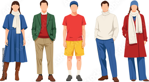 Diverse group in casual fall winter outfits with scarves blazers turtleneck shorts jeans colorful flat vector fashion illustration set