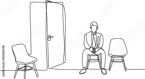 Minimalist waiting room man line drawing, seated posture art flat vector