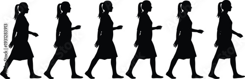 Walking woman silhouette animation sequence with female person moving forward for character motion cad drawing flat vector illustration design background,