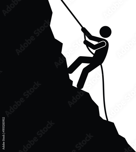 Silhouette of a rock climber ascending a steep cliff face using a rope on a plain white background. Vector