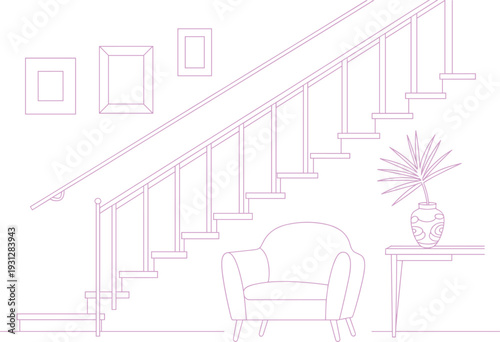 Modern interior staircase line drawing, armchair side table flat vector