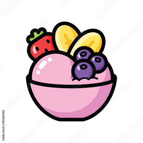 A delicious and healthy breakfast bowl filled with fresh fruits like strawberries, blueberries, and bananas, served in a pink bowl