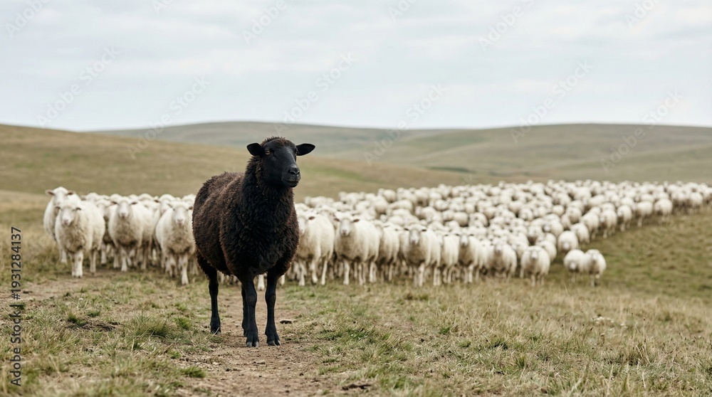 Fototapeta premium The black sheep is the leader of a flock of white sheep