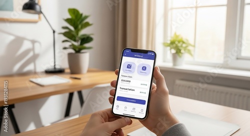 Mobile Banking App Displaying Transaction Details Held by Person Indoors