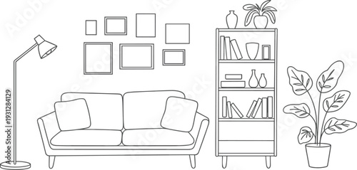 Modern living room sofa line drawing, bookshelf gallery wall flat vector