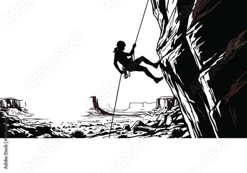Pixel art illustration of a silhouette climber rappelling down a cliff at sunset Vector