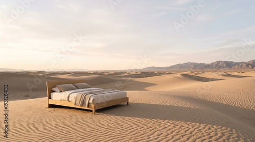 A large bed stands in the middle of a desert with sand.