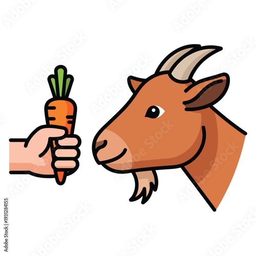 A cartoon goat eagerly awaits a carrot being offered by a human hand in a simple illustration