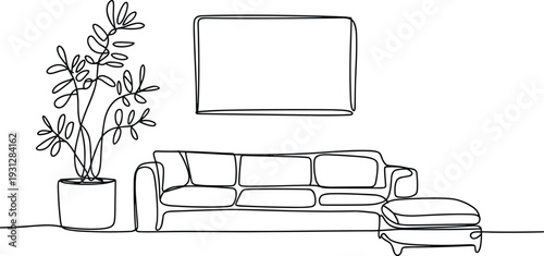 Minimalist living room sofa line drawing, ottoman wall decor flat vector
