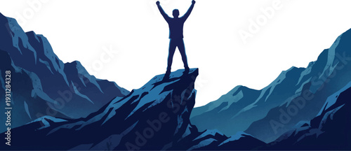 Triumphant person standing on the edge of a mountain peak with arms raised during a bright sunrise. Vector