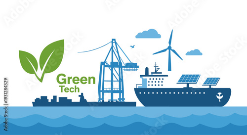Green Technology: Cargo Ship with Wind Turbine and Solar Panels.