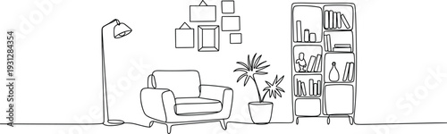 Cozy living room armchair line drawing, bookshelf decor interior flat vector