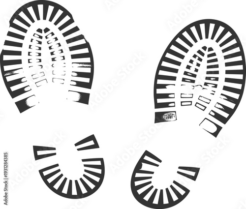 Black silhouette of boot sole footprints, rugged shoe tread marks for tracking and forensic investigation design