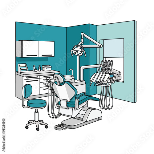 Modern dental clinic examination room vector illustration, featuring a professional patient chair, essential equipment, and sterile cabinets for oral health and treatment