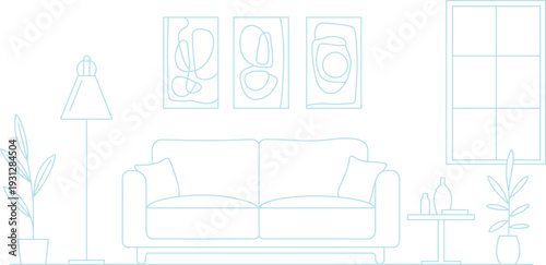 Living room sofa with cushions, floor lamp, side table, window flat vector