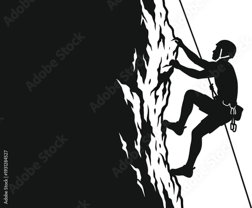 Silhouette of a rock climber scaling a steep mountain cliff with a rope against a white sky. Vector