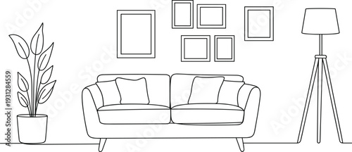 Living room sofa with cushions, gallery wall, lamp, potted plant flat vector