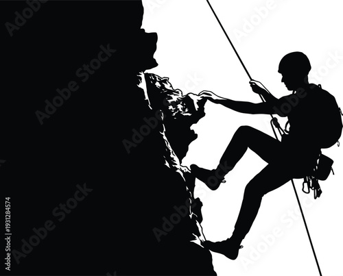Silhouette of a climber rappelling down a steep rock face against a white background. Vector