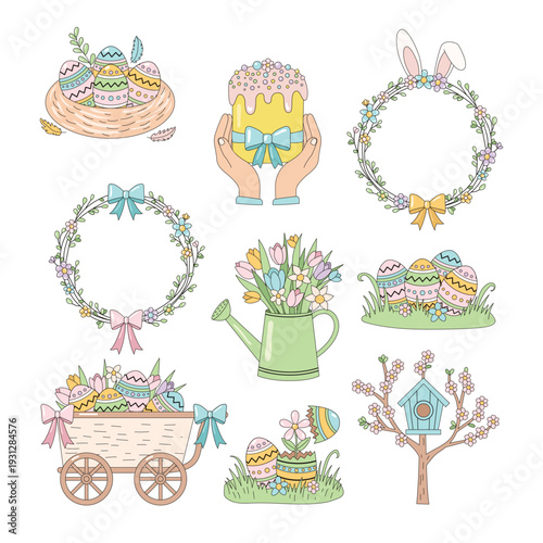 Hand drawn pastel Easter vector set with eggs bunny wreath and spring flowers
