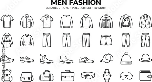 A collection of minimalist line icons representing various items of men's clothing and accessories. Vector