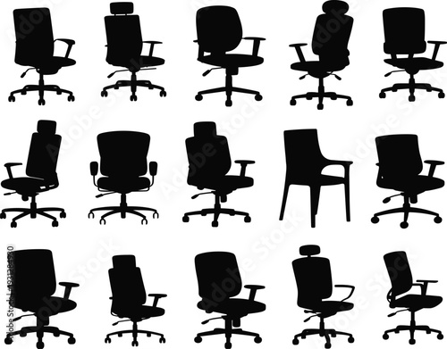 Set of black silhouette office chairs, professional ergonomic furniture icons for workspace and corporate interior design