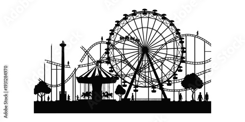 Amusement Park Silhouette with Ferris Wheel and Roller Coaster.