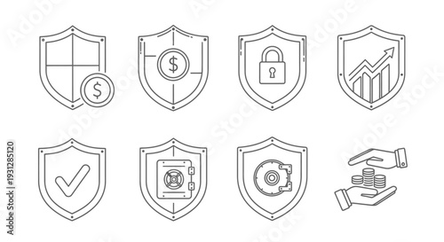 Set of outline financial security icons featuring money protection, secure investment, and safety symbols