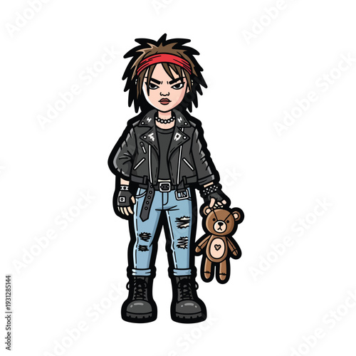 Illustration of a punk-rock girl with a teddy bear, embodying a rebellious spirit and contrasting youthful innocence with tough street style