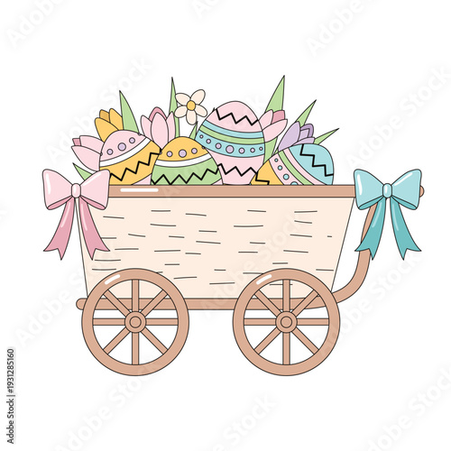 Wooden rustic cart filled with decorated Easter eggs and flowers